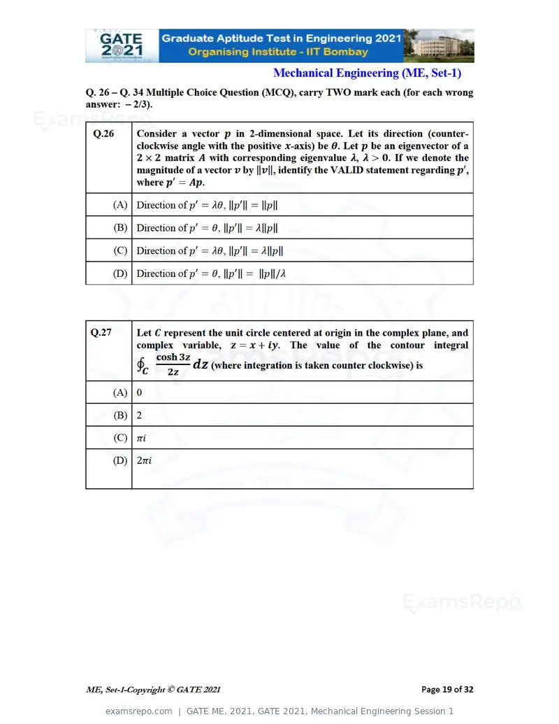 GATE ME 2021 question paper, GATE 2021, Mechanical Engineering Session 1, page 20 of 70