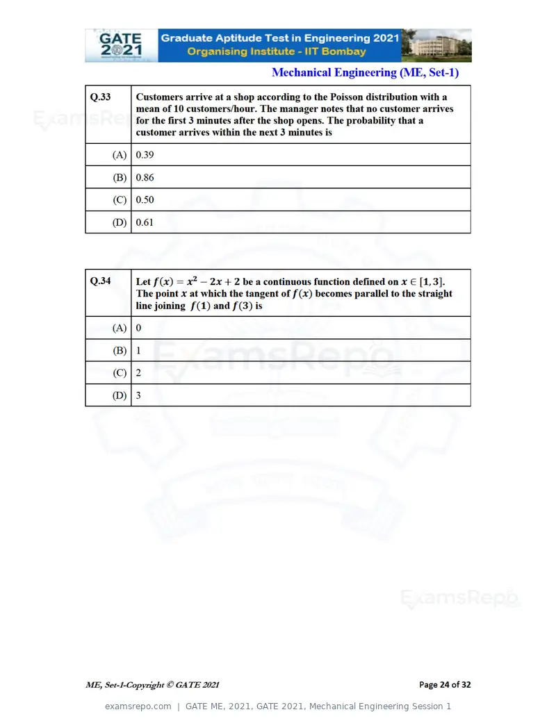 GATE ME 2021 question paper, GATE 2021, Mechanical Engineering Session 1, page 25 of 70
