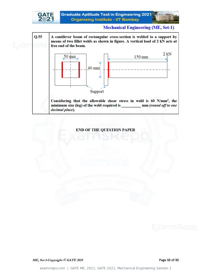 GATE ME 2021 question paper, GATE 2021, Mechanical Engineering Session 1, page 33 of 70