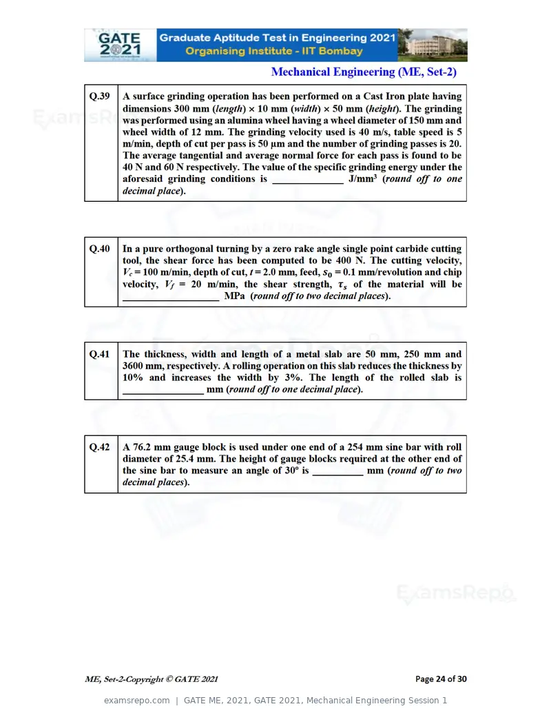 GATE ME 2021 question paper, GATE 2021, Mechanical Engineering Session 1, page 61 of 70