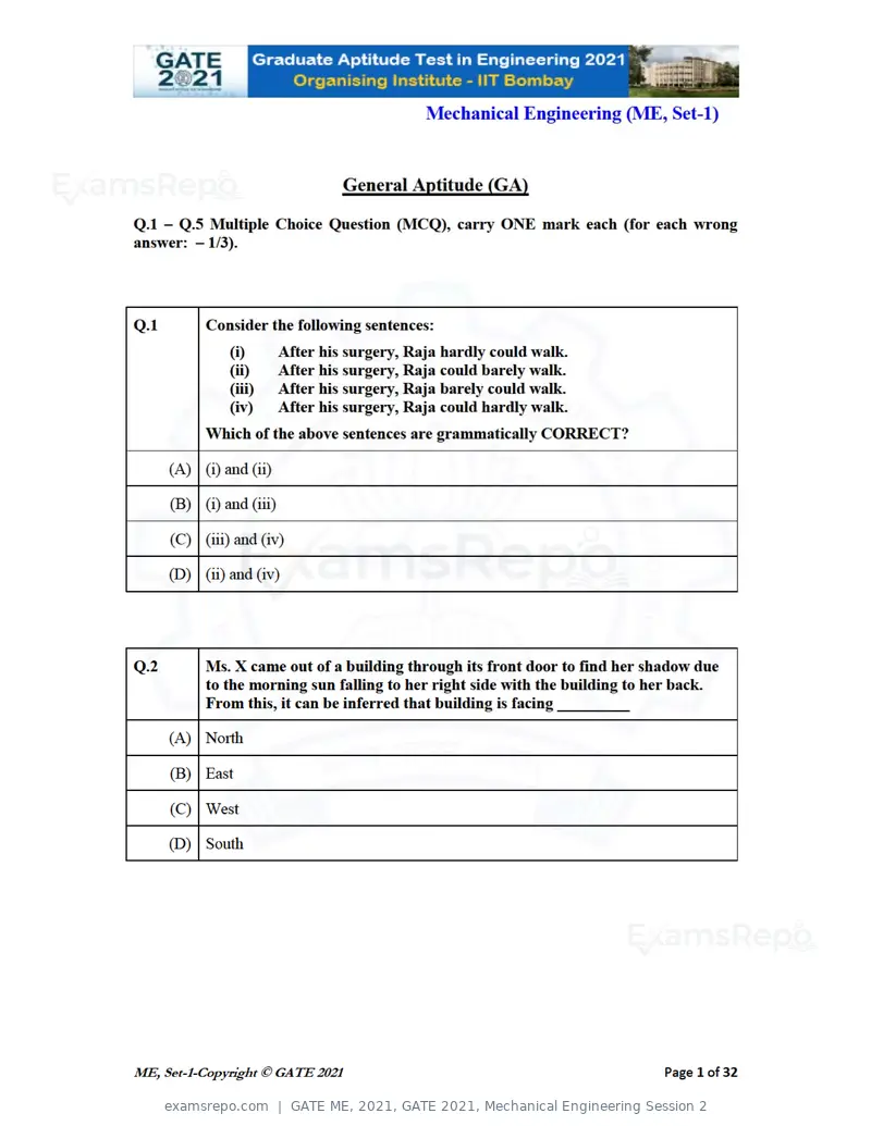 GATE ME 2021 question paper, GATE 2021, Mechanical Engineering Session 2, page 2 of 70