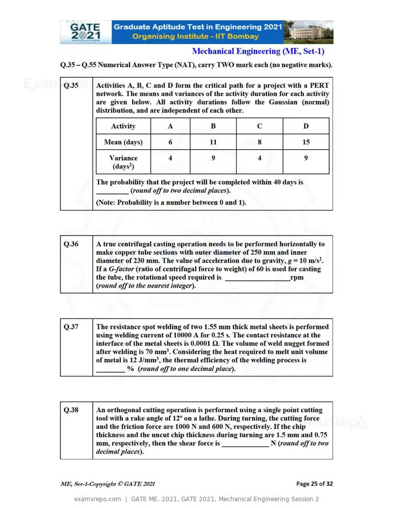 GATE ME 2021 question paper, GATE 2021, Mechanical Engineering Session 2, page 26 of 70