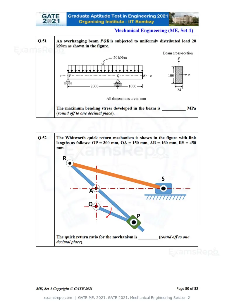 GATE ME 2021 question paper, GATE 2021, Mechanical Engineering Session 2, page 31 of 70