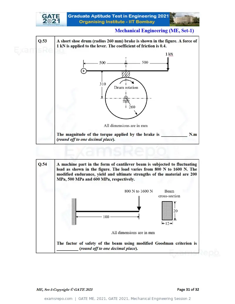 GATE ME 2021 question paper, GATE 2021, Mechanical Engineering Session 2, page 32 of 70