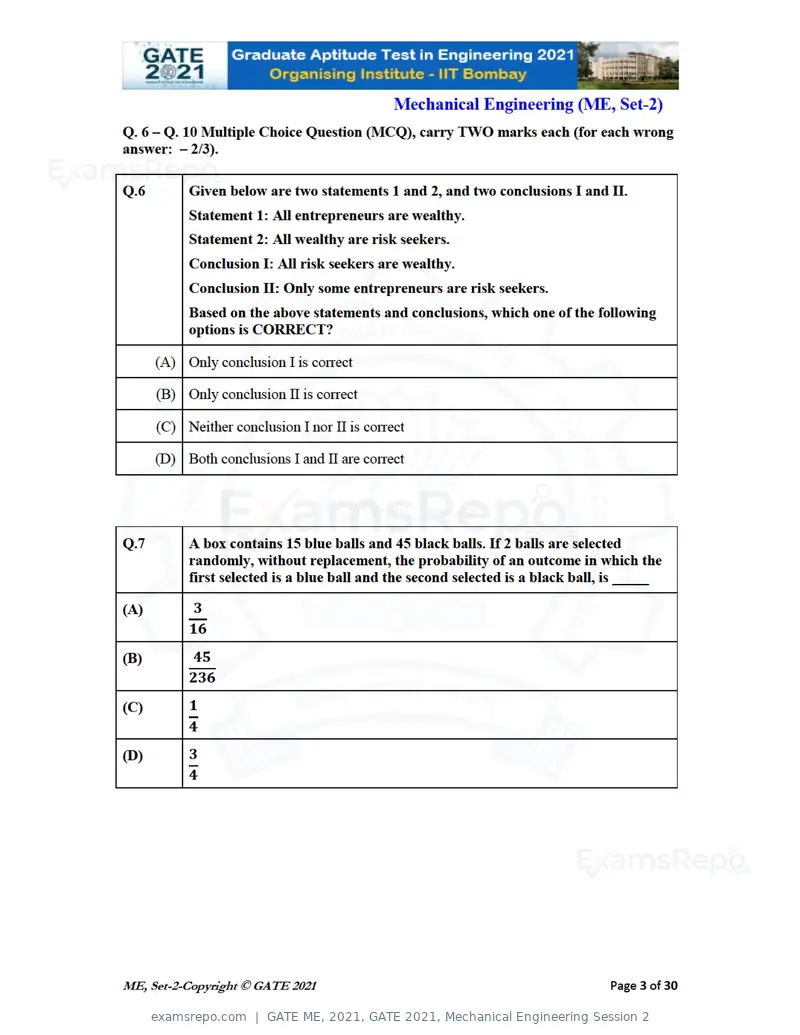GATE ME 2021 question paper, GATE 2021, Mechanical Engineering Session 2, page 40 of 70