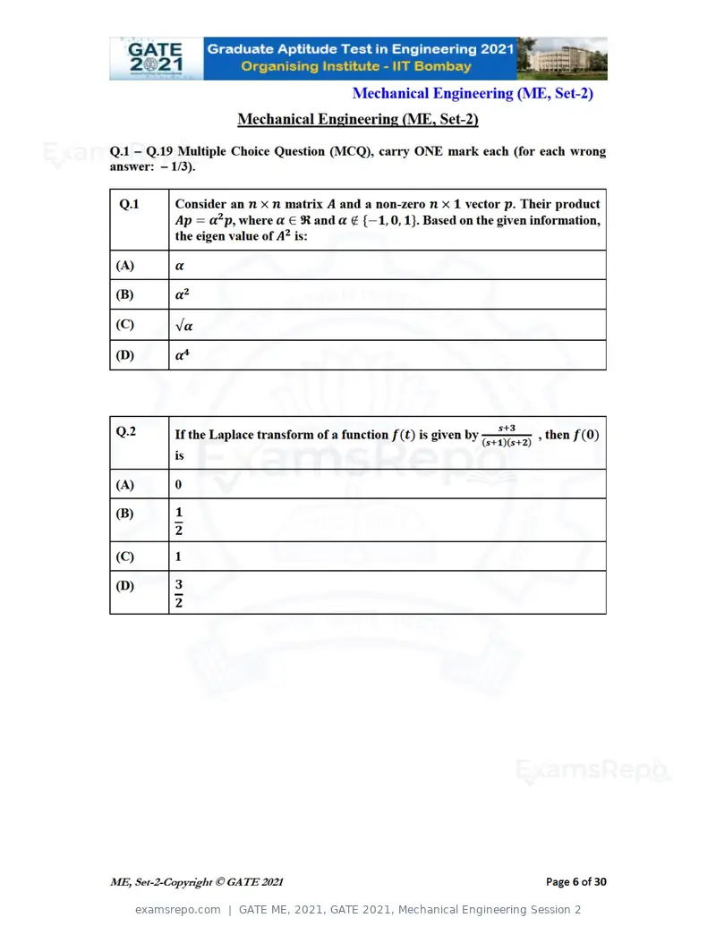 GATE ME 2021 question paper, GATE 2021, Mechanical Engineering Session 2, page 43 of 70