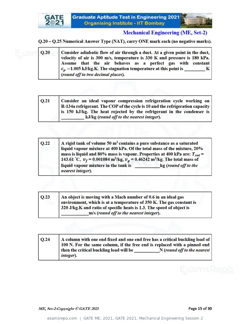 GATE ME 2021 question paper, GATE 2021, Mechanical Engineering Session 2, page 52 of 70