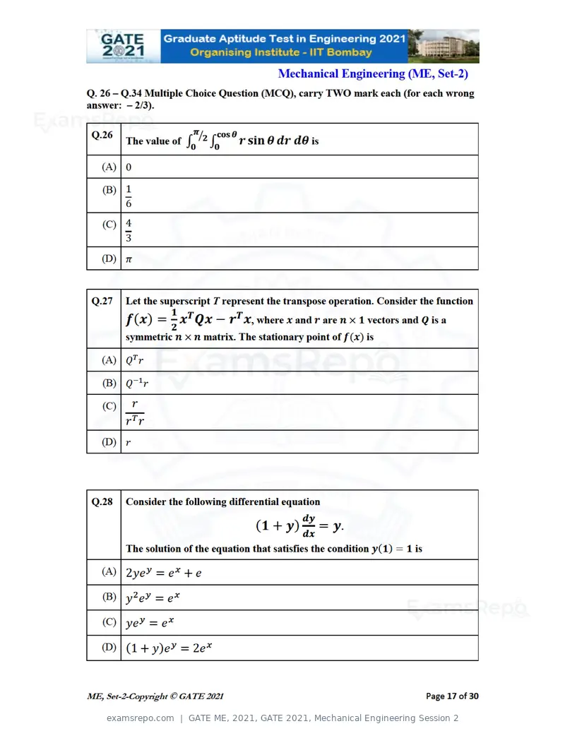 GATE ME 2021 question paper, GATE 2021, Mechanical Engineering Session 2, page 54 of 70