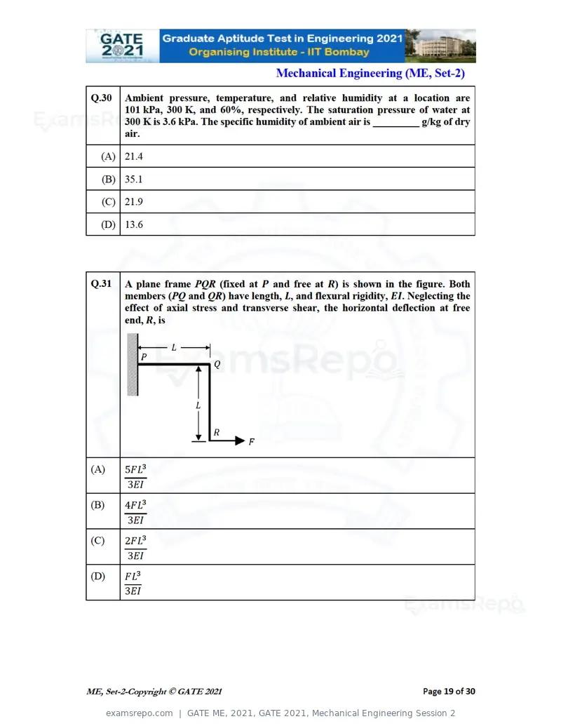 GATE ME 2021 question paper, GATE 2021, Mechanical Engineering Session 2, page 56 of 70