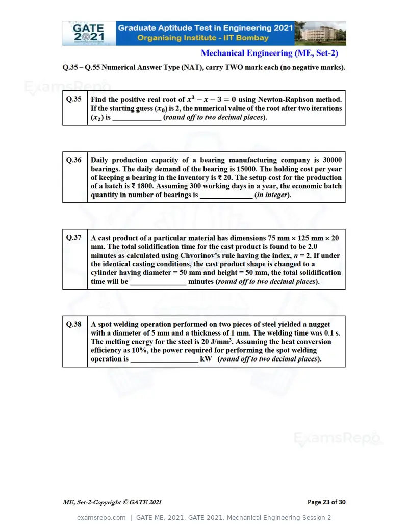 GATE ME 2021 question paper, GATE 2021, Mechanical Engineering Session 2, page 60 of 70