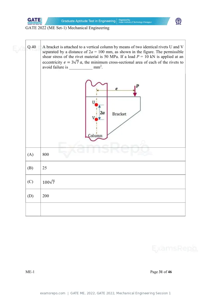 GATE ME 2022 question paper, GATE 2022, Mechanical Engineering Session 1, page 32 of 101