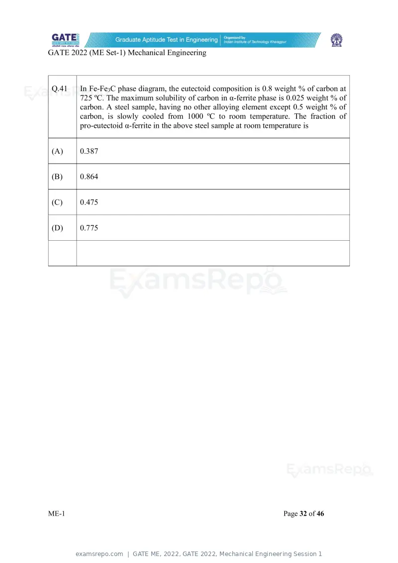 GATE ME 2022 question paper, GATE 2022, Mechanical Engineering Session 1, page 33 of 101