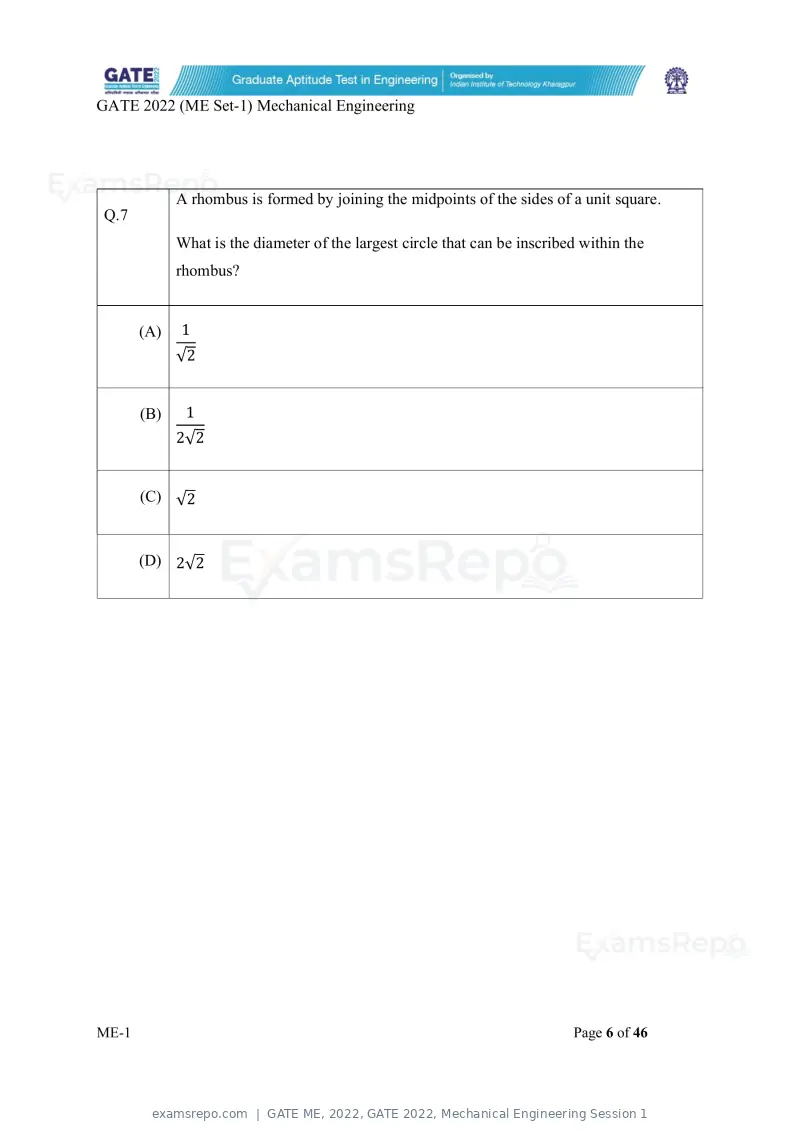 GATE ME 2022 question paper, GATE 2022, Mechanical Engineering Session 1, page 7 of 101