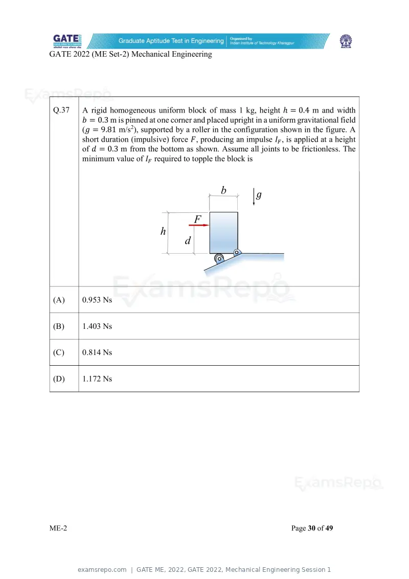 GATE ME 2022 question paper, GATE 2022, Mechanical Engineering Session 1, page 80 of 101
