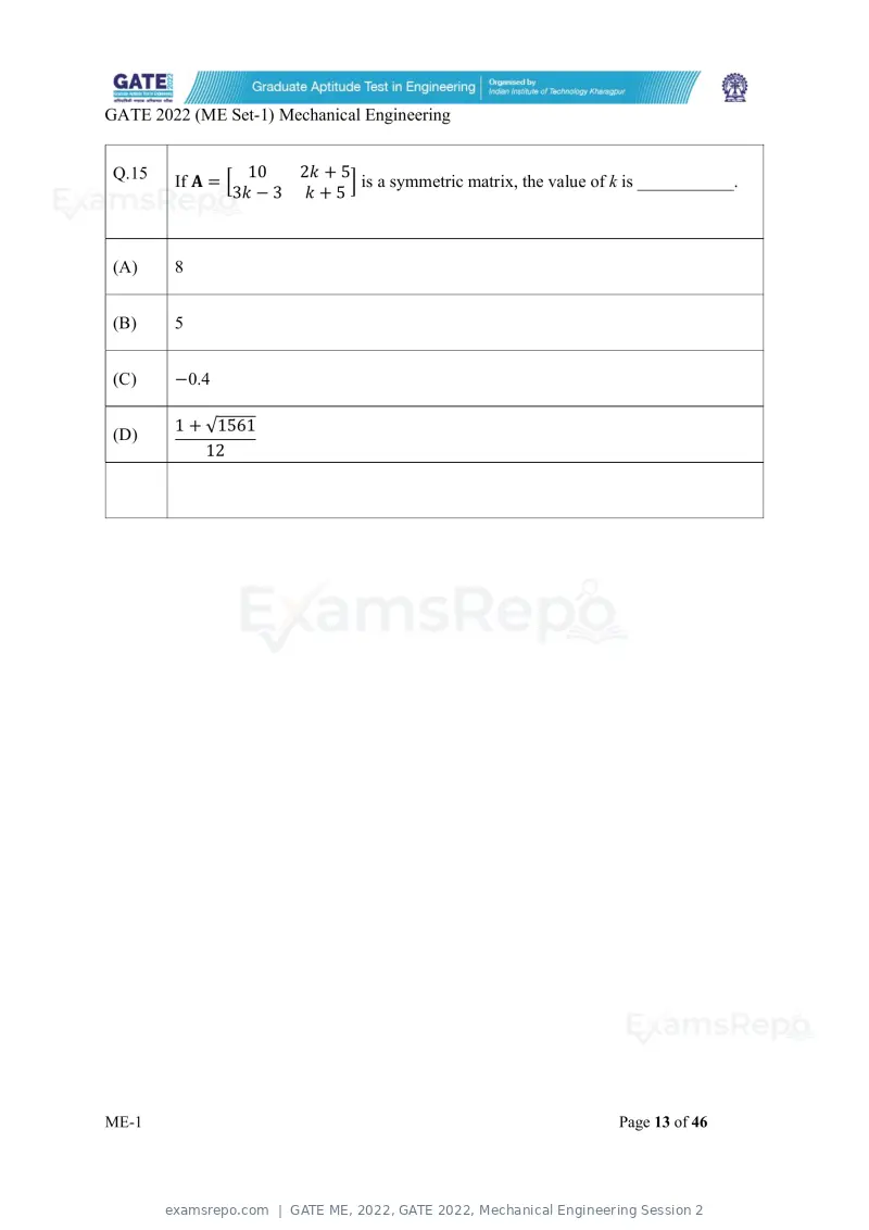 GATE ME 2022 question paper, GATE 2022, Mechanical Engineering Session 2, page 14 of 101
