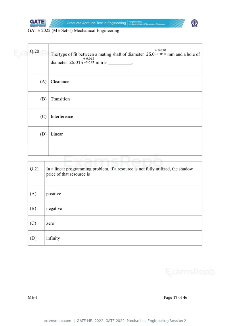 GATE ME 2022 question paper, GATE 2022, Mechanical Engineering Session 2, page 18 of 101