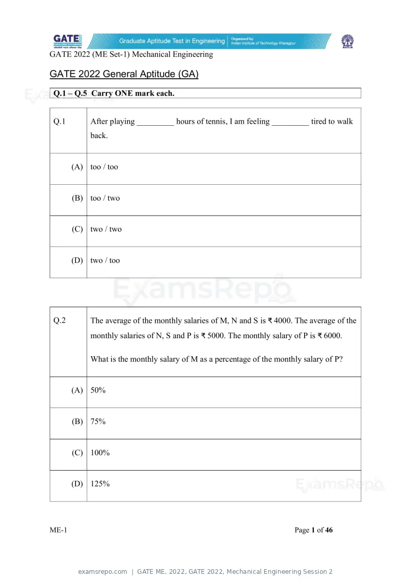 GATE ME 2022 question paper, GATE 2022, Mechanical Engineering Session 2, page 2 of 101