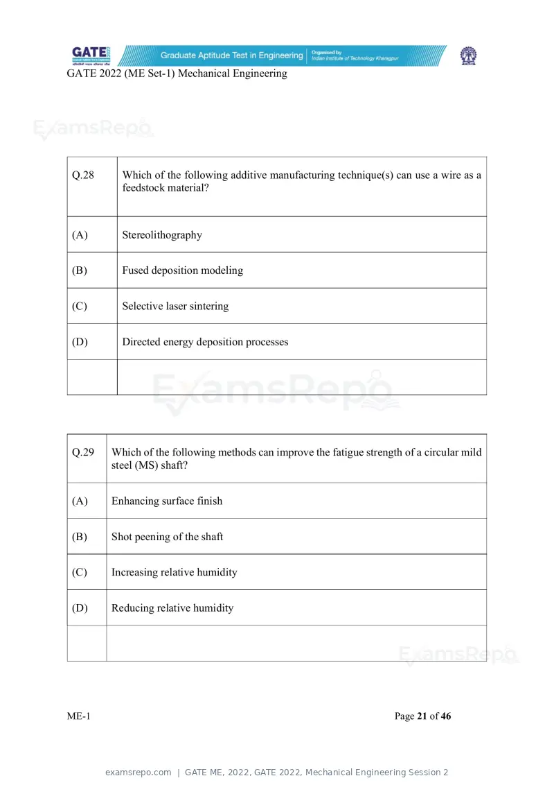 GATE ME 2022 question paper, GATE 2022, Mechanical Engineering Session 2, page 22 of 101
