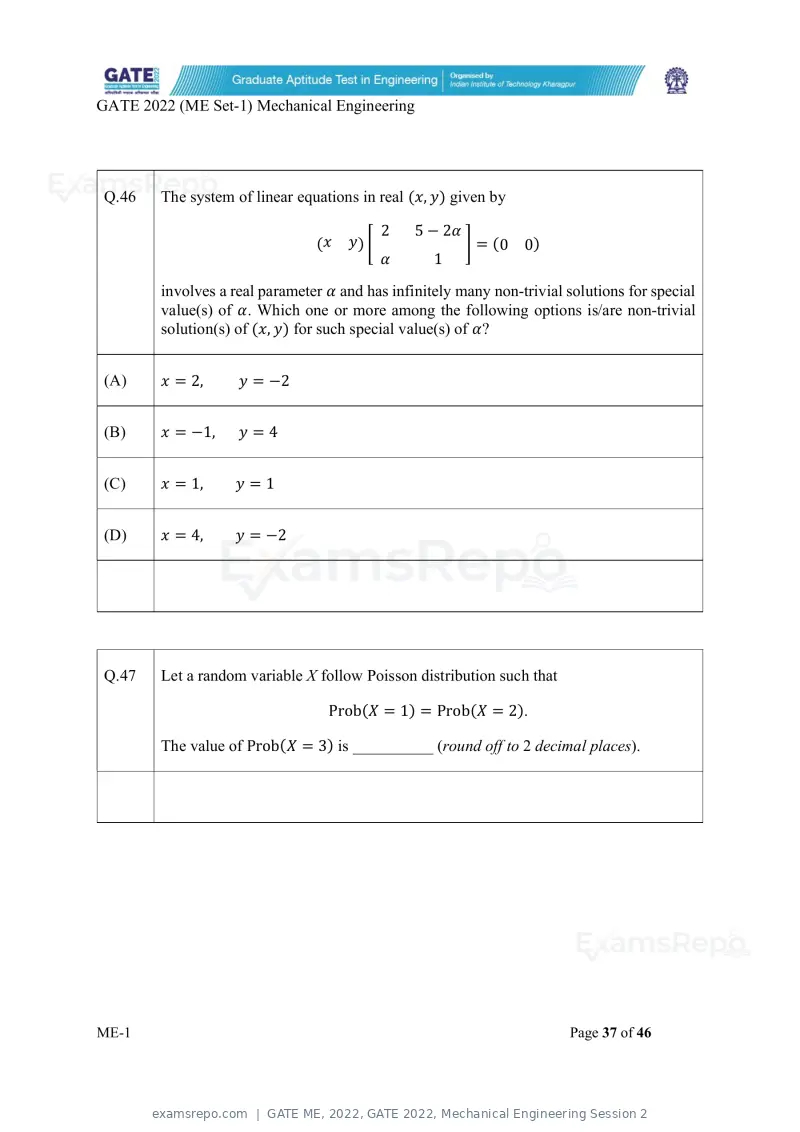 GATE ME 2022 question paper, GATE 2022, Mechanical Engineering Session 2, page 38 of 101