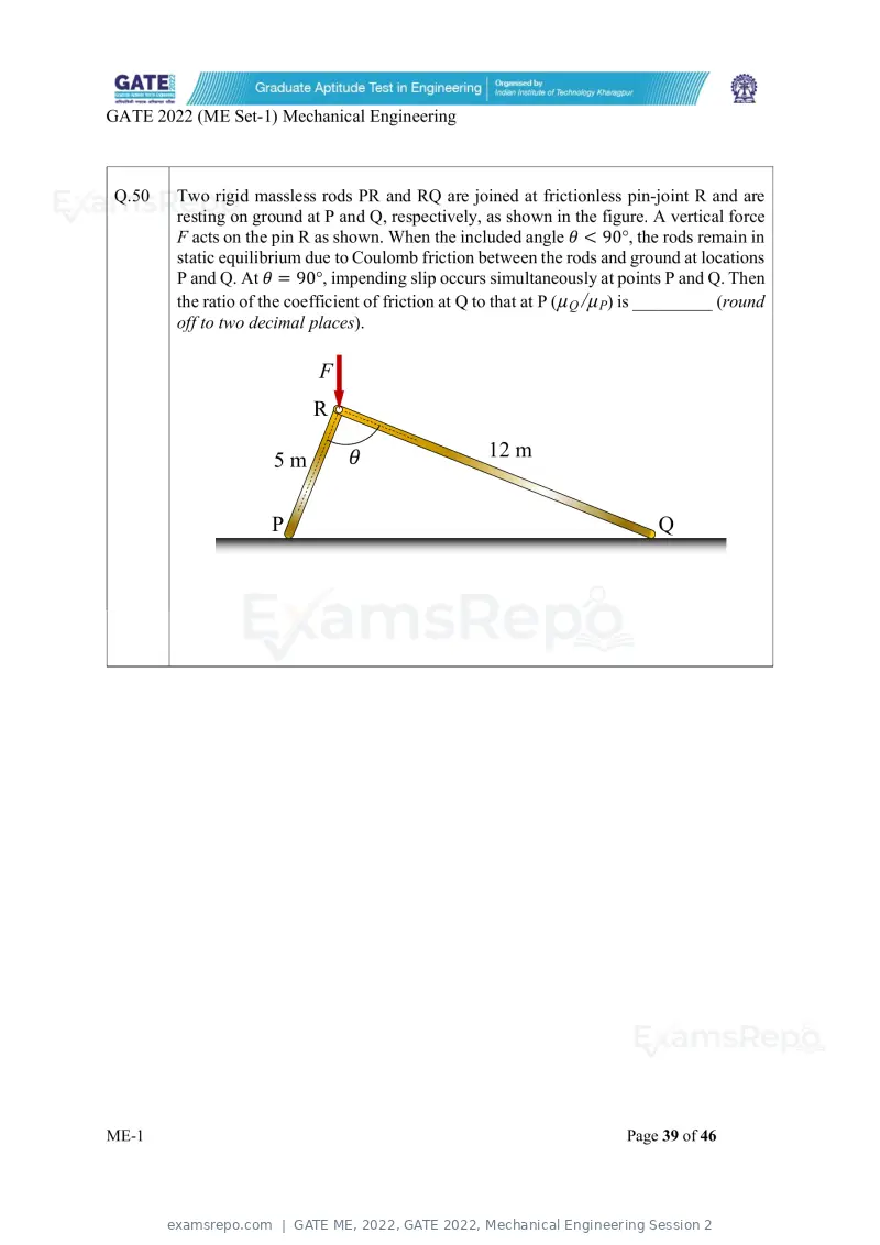 GATE ME 2022 question paper, GATE 2022, Mechanical Engineering Session 2, page 40 of 101