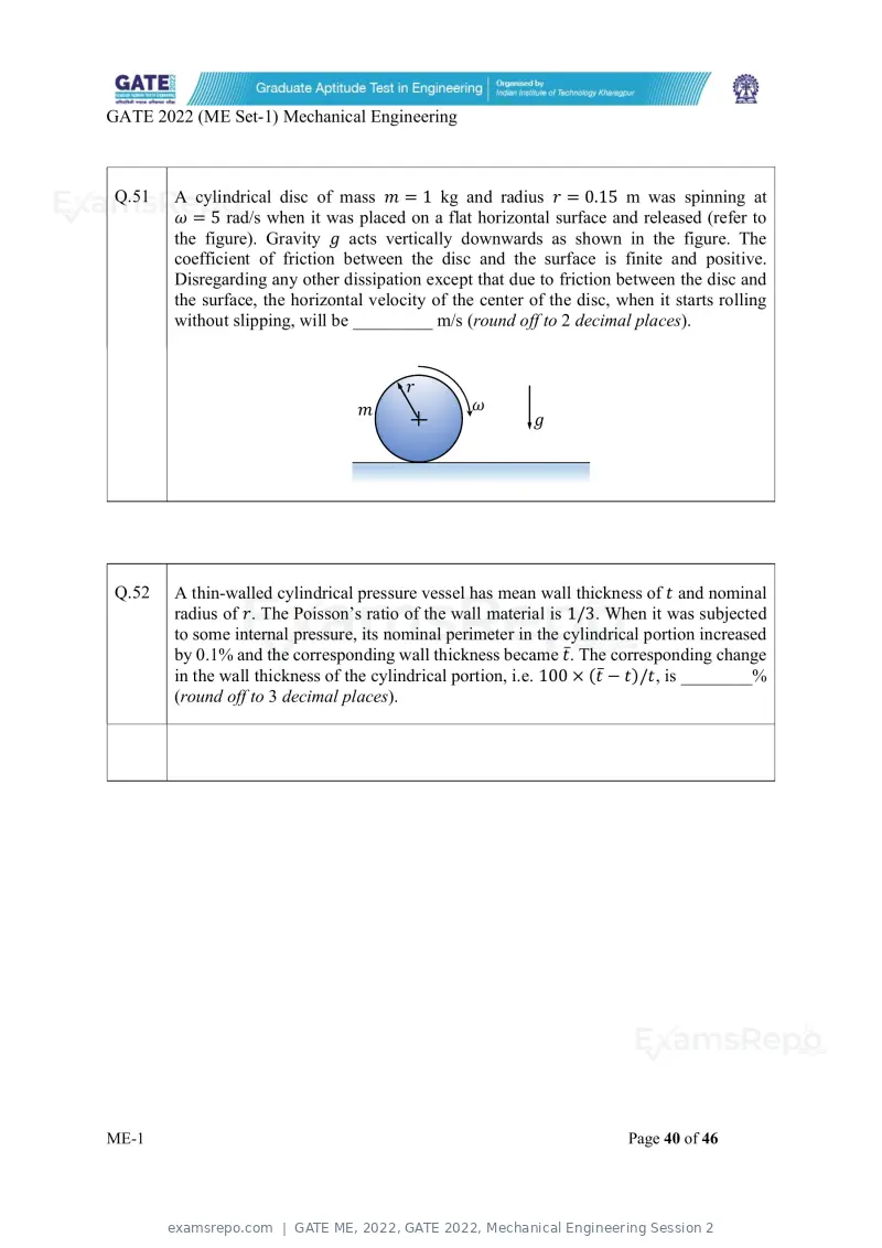 GATE ME 2022 question paper, GATE 2022, Mechanical Engineering Session 2, page 41 of 101