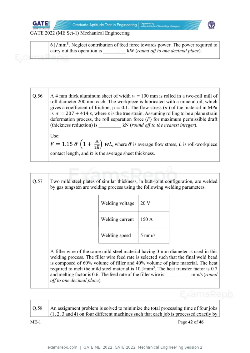 GATE ME 2022 question paper, GATE 2022, Mechanical Engineering Session 2, page 43 of 101