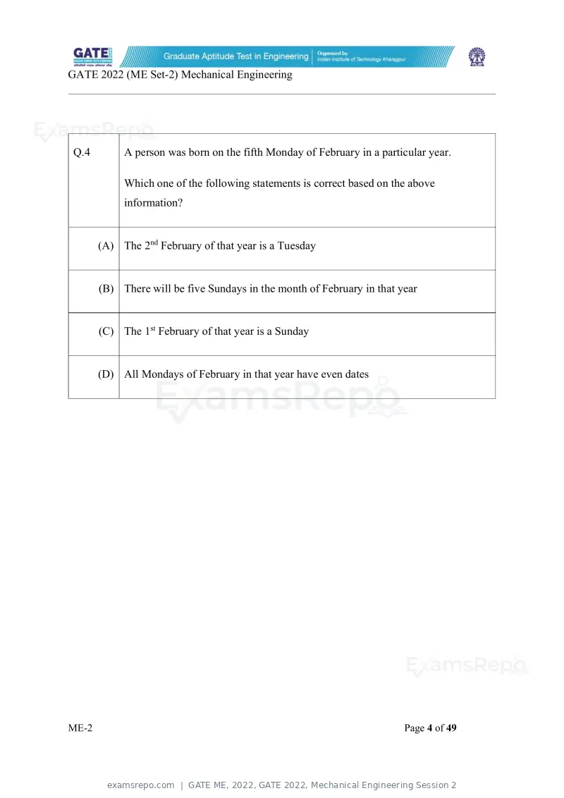 GATE ME 2022 question paper, GATE 2022, Mechanical Engineering Session 2, page 54 of 101