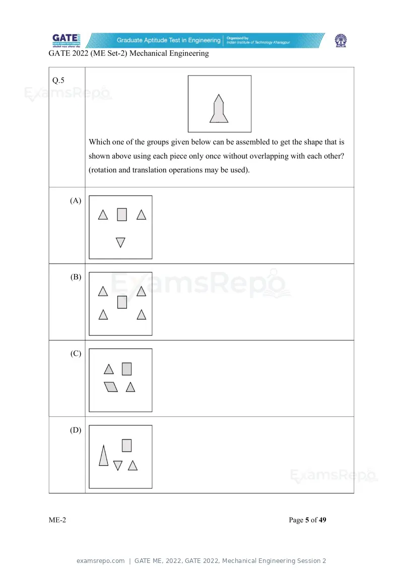 GATE ME 2022 question paper, GATE 2022, Mechanical Engineering Session 2, page 55 of 101