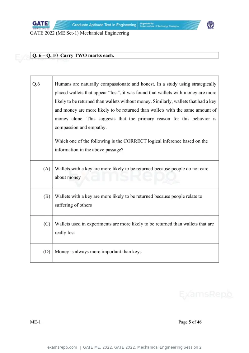GATE ME 2022 question paper, GATE 2022, Mechanical Engineering Session 2, page 6 of 101