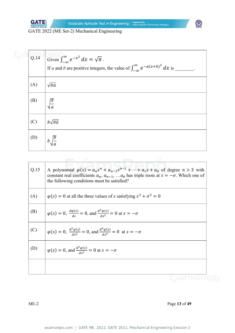 GATE ME 2022 question paper, GATE 2022, Mechanical Engineering Session 2, page 63 of 101