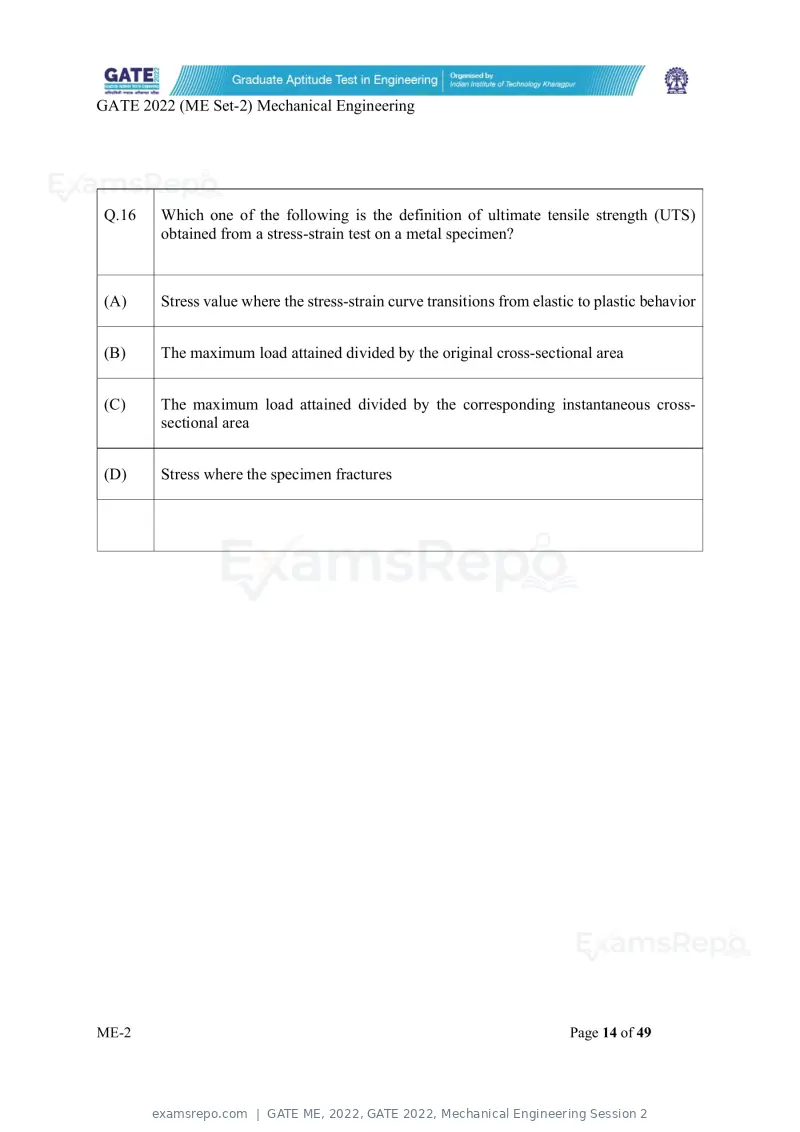 GATE ME 2022 question paper, GATE 2022, Mechanical Engineering Session 2, page 64 of 101