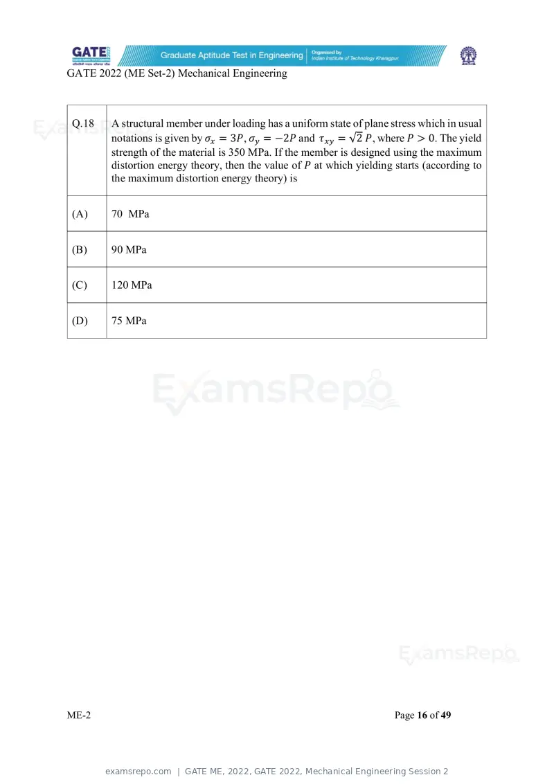 GATE ME 2022 question paper, GATE 2022, Mechanical Engineering Session 2, page 66 of 101