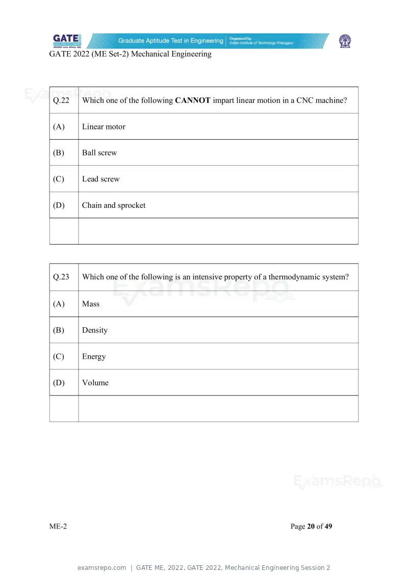 GATE ME 2022 question paper, GATE 2022, Mechanical Engineering Session 2, page 70 of 101