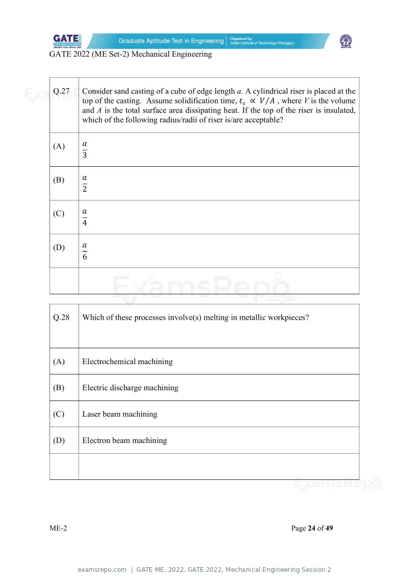 GATE ME 2022 question paper, GATE 2022, Mechanical Engineering Session 2, page 74 of 101
