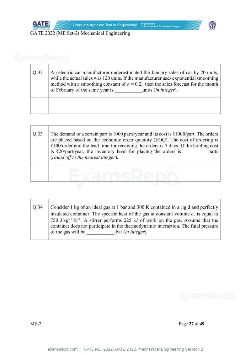 GATE ME 2022 question paper, GATE 2022, Mechanical Engineering Session 2, page 77 of 101