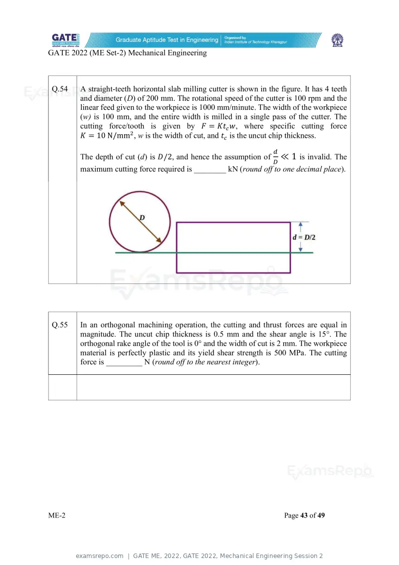 GATE ME 2022 question paper, GATE 2022, Mechanical Engineering Session 2, page 93 of 101