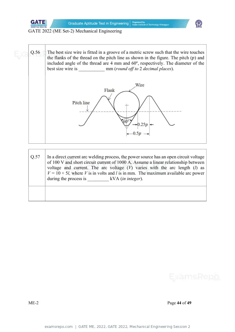 GATE ME 2022 question paper, GATE 2022, Mechanical Engineering Session 2, page 94 of 101