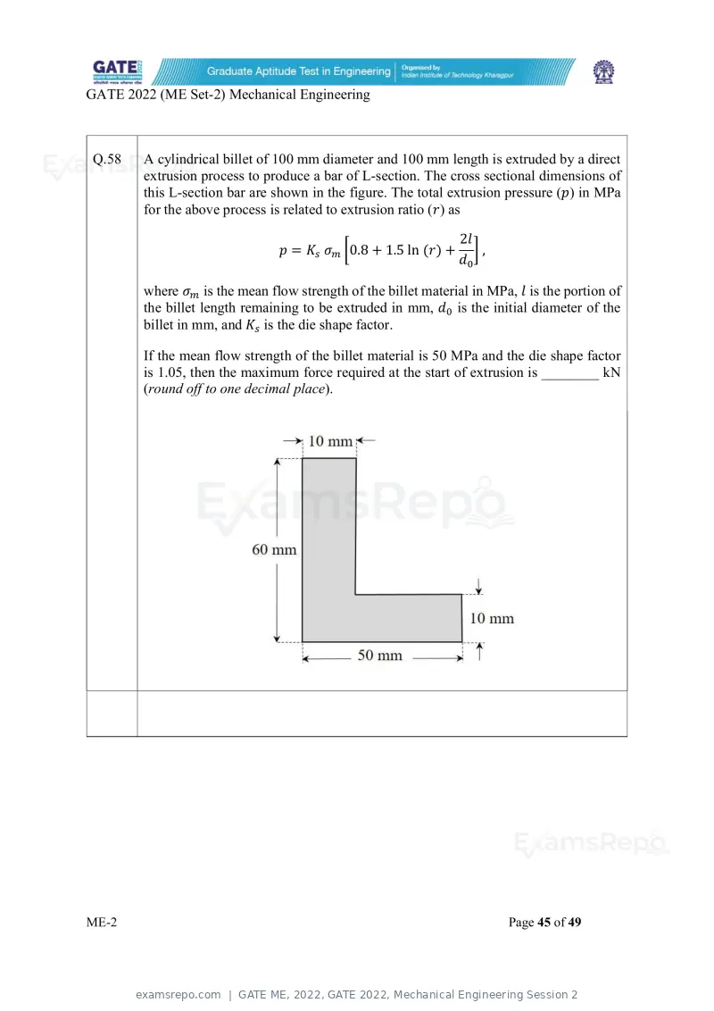 GATE ME 2022 question paper, GATE 2022, Mechanical Engineering Session 2, page 95 of 101