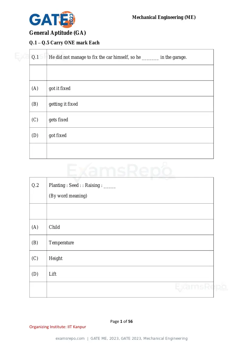 GATE ME 2023 question paper, GATE 2023, Mechanical Engineering, page 1 of 56