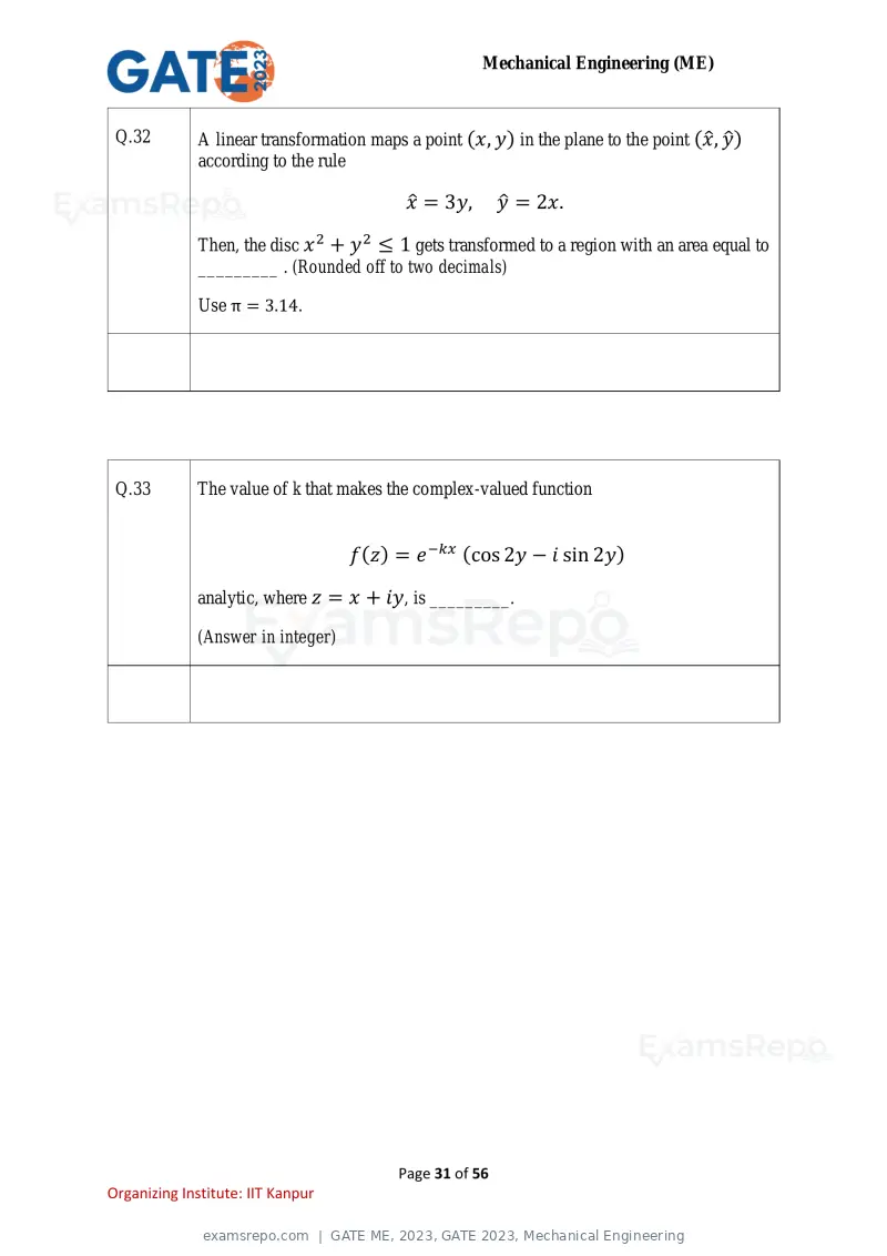 GATE ME 2023 question paper, GATE 2023, Mechanical Engineering, page 31 of 56