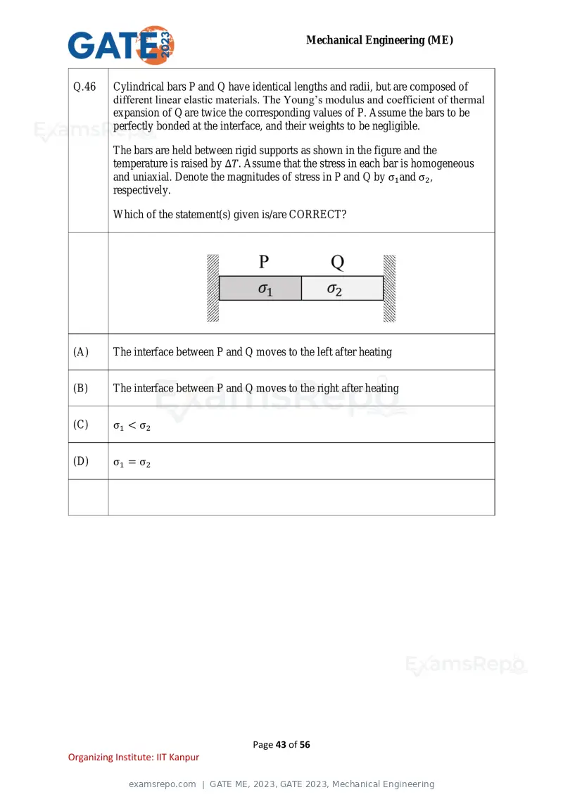 GATE ME 2023 question paper, GATE 2023, Mechanical Engineering, page 43 of 56
