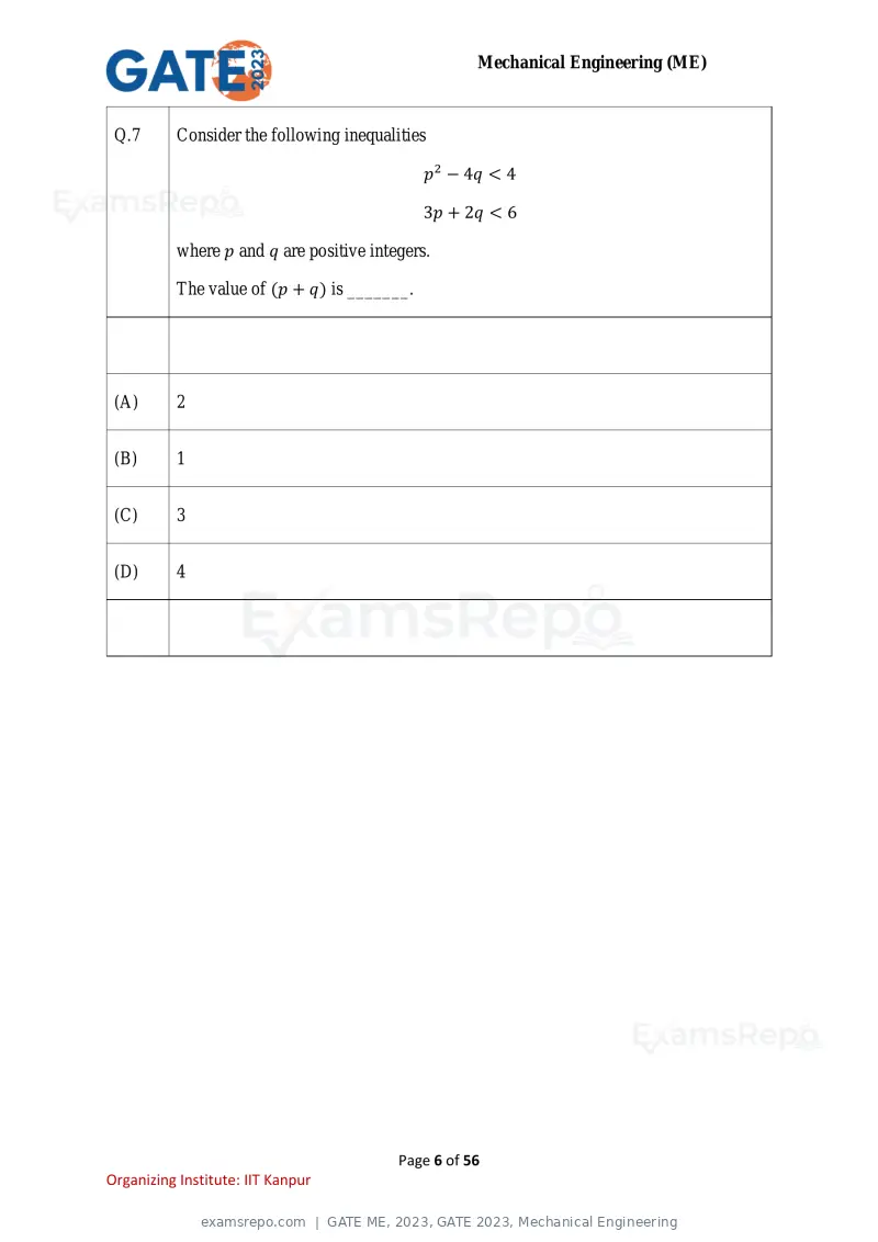 GATE ME 2023 question paper, GATE 2023, Mechanical Engineering, page 6 of 56
