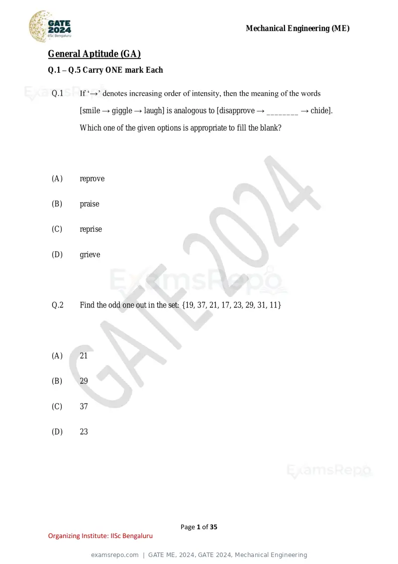 GATE ME 2024 question paper, GATE 2024, Mechanical Engineering, page 1 of 35