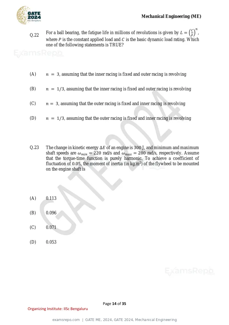 GATE ME 2024 question paper, GATE 2024, Mechanical Engineering, page 14 of 35