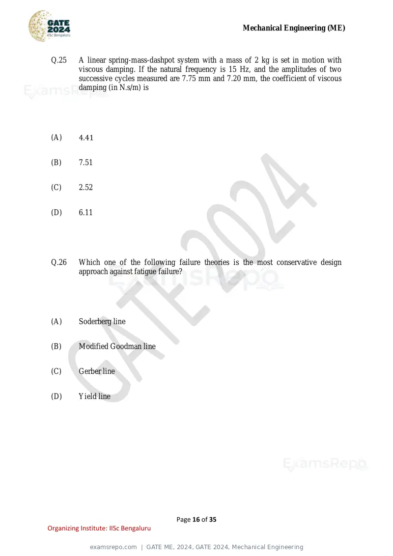 GATE ME 2024 question paper, GATE 2024, Mechanical Engineering, page 16 of 35