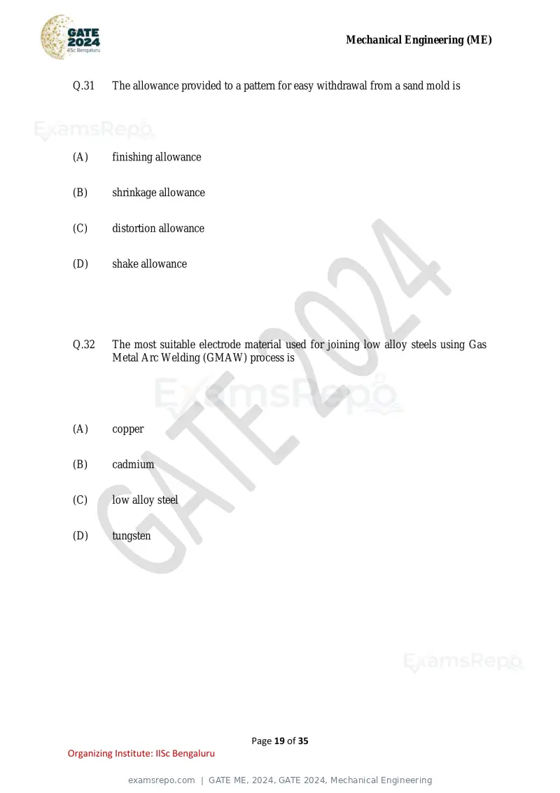 GATE ME 2024 question paper, GATE 2024, Mechanical Engineering, page 19 of 35