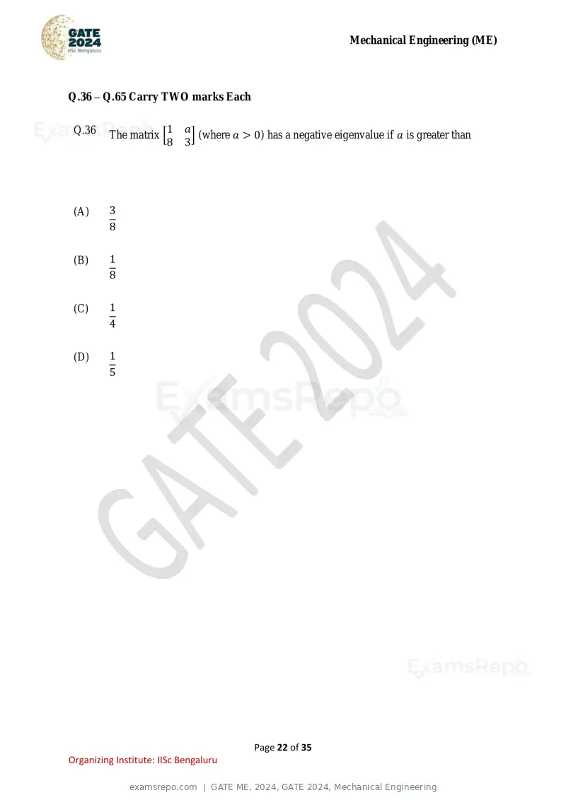GATE ME 2024 question paper, GATE 2024, Mechanical Engineering, page 22 of 35