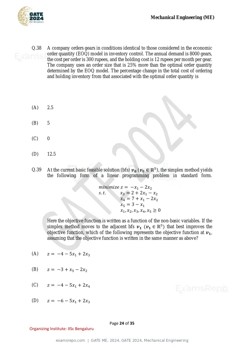 GATE ME 2024 question paper, GATE 2024, Mechanical Engineering, page 24 of 35