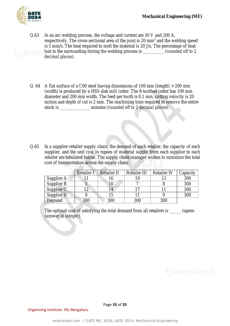 GATE ME 2024 question paper, GATE 2024, Mechanical Engineering, page 35 of 35