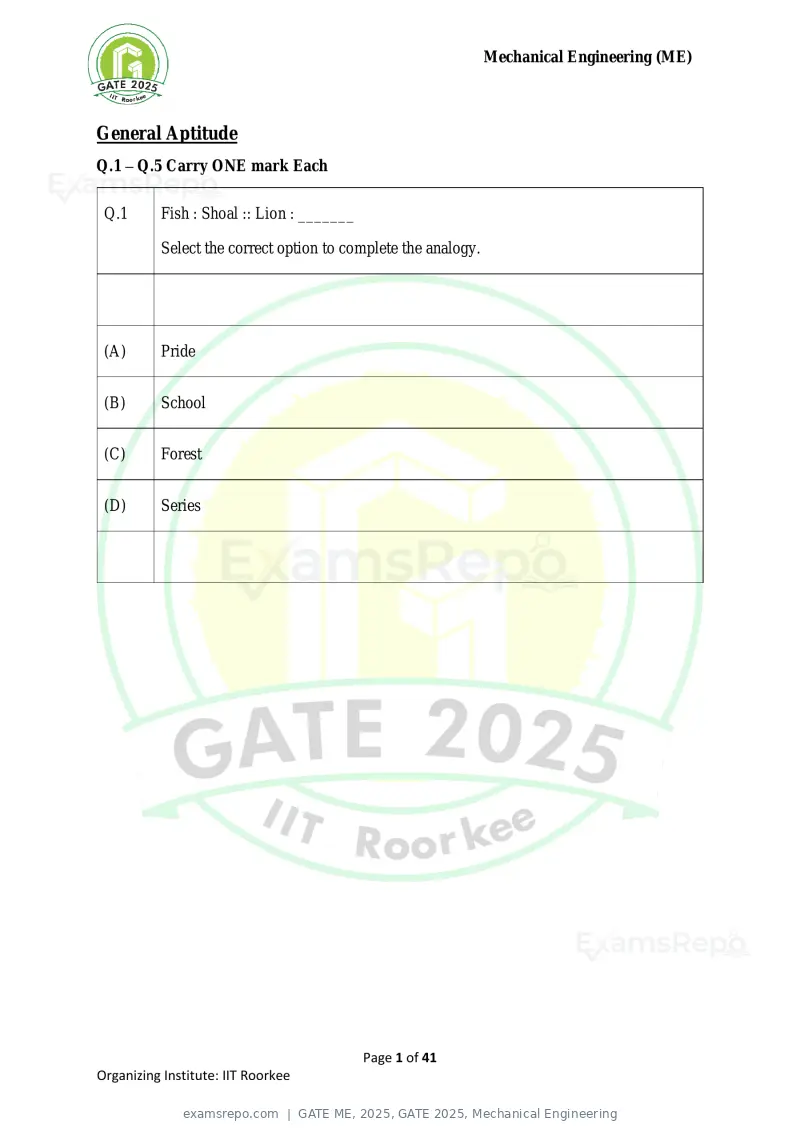 GATE ME 2025 question paper, GATE 2025, Mechanical Engineering, page 1 of 41